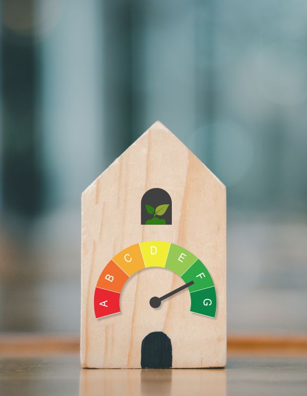 Illustration d’un bâtiment avec icônes de contrôle technique et indicateurs énergétiques internes