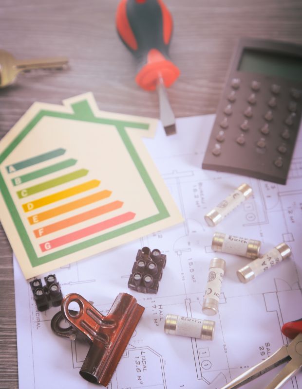 Illustration d’un bâtiment avec icônes de contrôle technique et indicateurs énergétiques internes